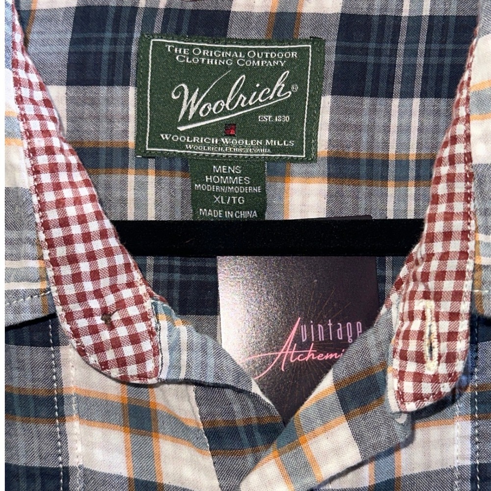 Woolrich Mens XL Plaid Button Down Shirt Blue White Orange Lightweight Cotton